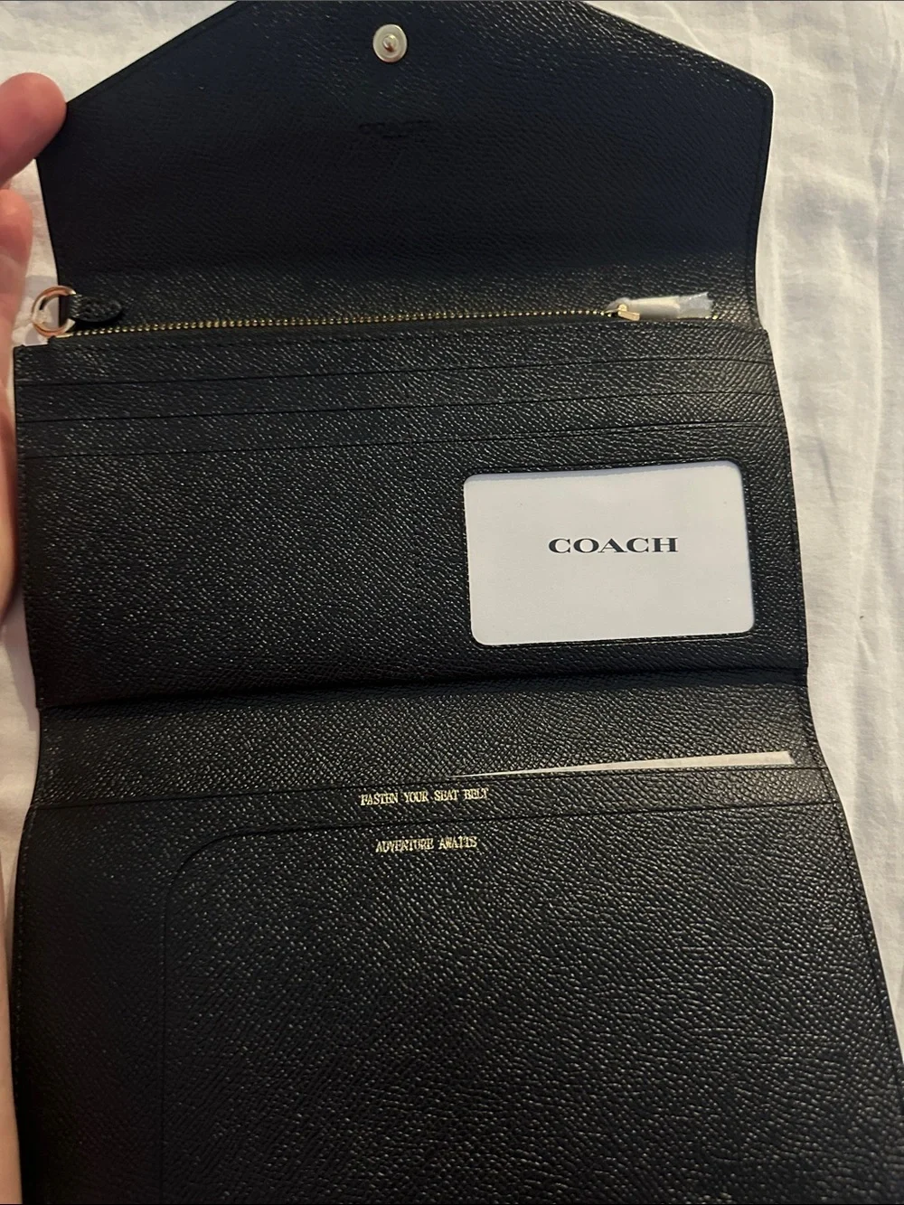 Coach Black Leather Envelope Wristlet Clutch with Gold Logo